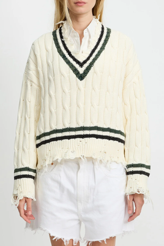 Oversized Cropped Cable Tennis Sweater | Cream White Black Green Stripes