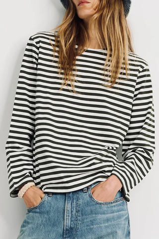 Long Sleeve Boatneck Tee | Olive Green Ecru Stripe