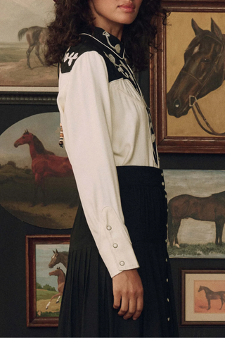 The Color Block Embroidered Western Shirt | Cream With Black