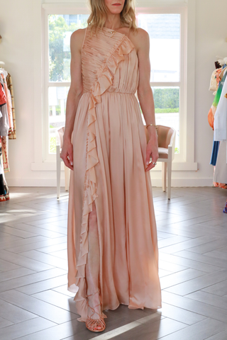 Aisha Pleated Asymmetrical Gown | Sand