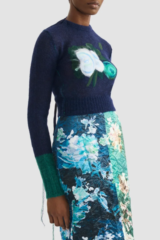 Floral Detail Open Stitch Cropped Jumper | Navy