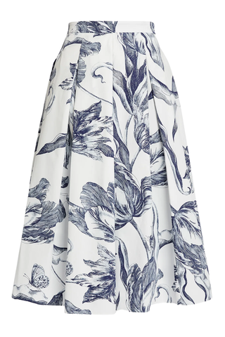 Floral Print Pleated Midi Skirt | Botanical Engraving Ivory