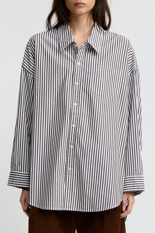 Button Front Shirt | Brown Wide Stripe