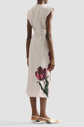 Floral Print Textured Satin Draped Midi Dress | Etched Tulip Cameo Pink