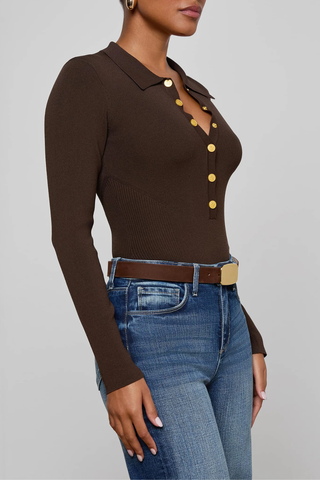 Elisabetta Knit Bodysuit | Dark Brown/Gold