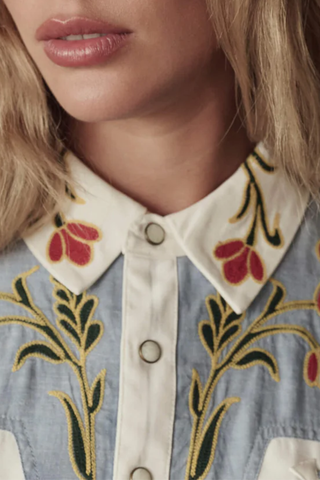 The Embroidered Western Shirt | Cream W/ Chambray Mix
