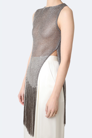 Metallic Netting Fringe Asymmetric Top | Gunmetal