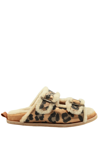 Leopard Print Laminated Buckle Sandals | Warm Gold