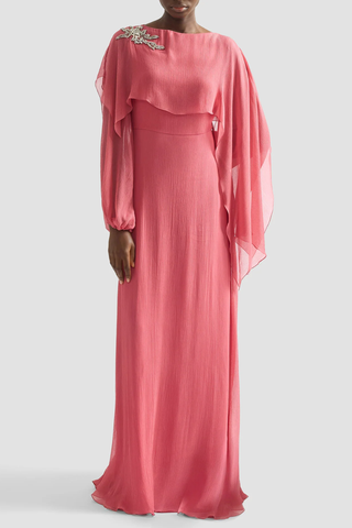 Embellished Silk Creponne Long Sleeve Gown | Cherry