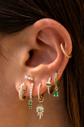 Emerald Eyes Pave Diamond Snake Mini Hoop | Single