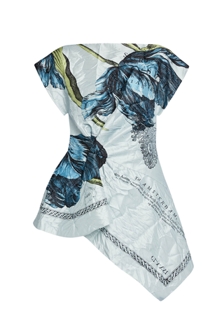 Floral Print Textured Satin Short Sleeve Blouse | Etched Tulip Powder Blue