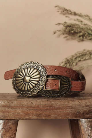 The Tooled Leather Concho Belt | Cognac With Brass