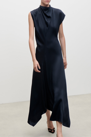 High Neck Draped Midi Dress | Dark Navy