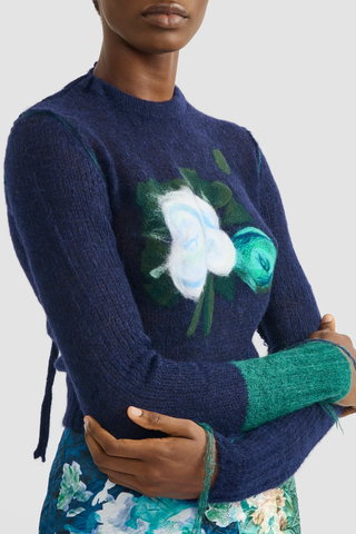 Floral Detail Open Stitch Cropped Jumper | Navy