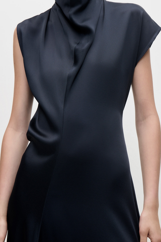 High Neck Draped Midi Dress | Dark Navy