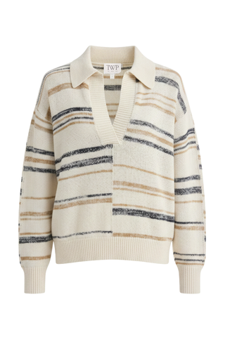 V Neck Long Sleeve Polo | Ivory Multi