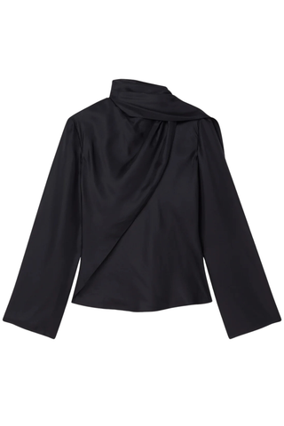 Long Sleeve Silk Foulard Top | Black