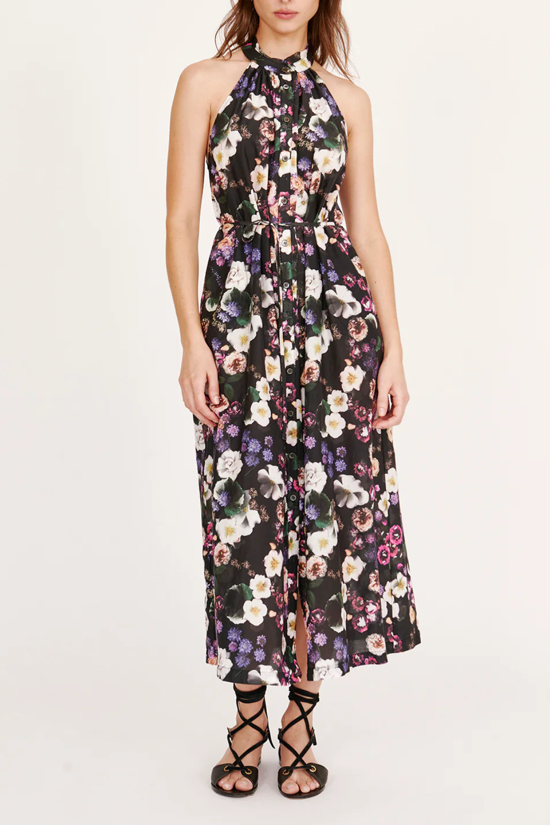 Halter Midi Dress Black Floral Valentines Austin