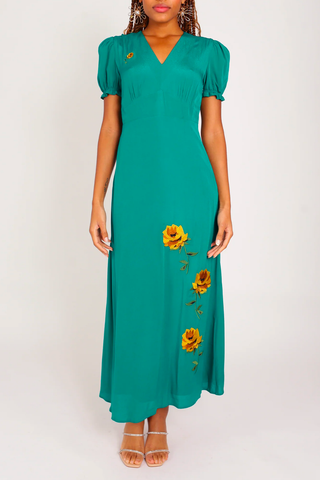 Long Paula Dress | Green With Rose Embroidery