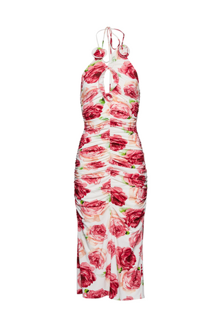 Ruched Halter Midi Dress | Cream Floral Print