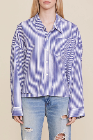 Cropped Button Front Shirt | Royal Blue Stripe