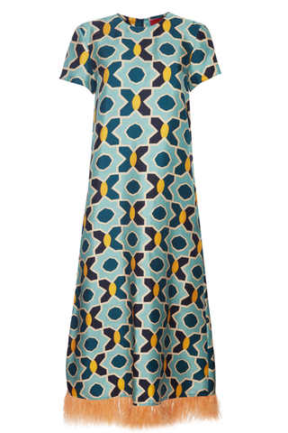 Swing Dress | Plaza Light Blue in Silk Twill With Feathers
